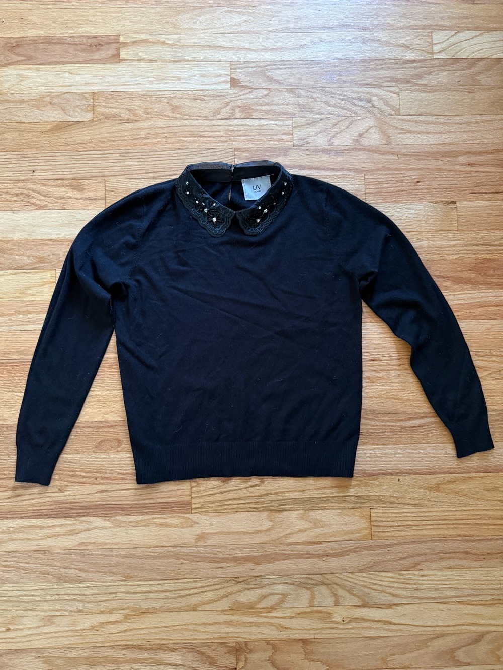 LIV Milano Black Crewneck Sweater with Embellished Collar